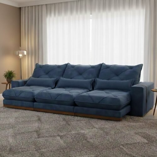 Sofá Retrátil e Reclinável Diamante/Bahia 3,50 m Veludo Azul 209 - PLENA ESTOFADOS