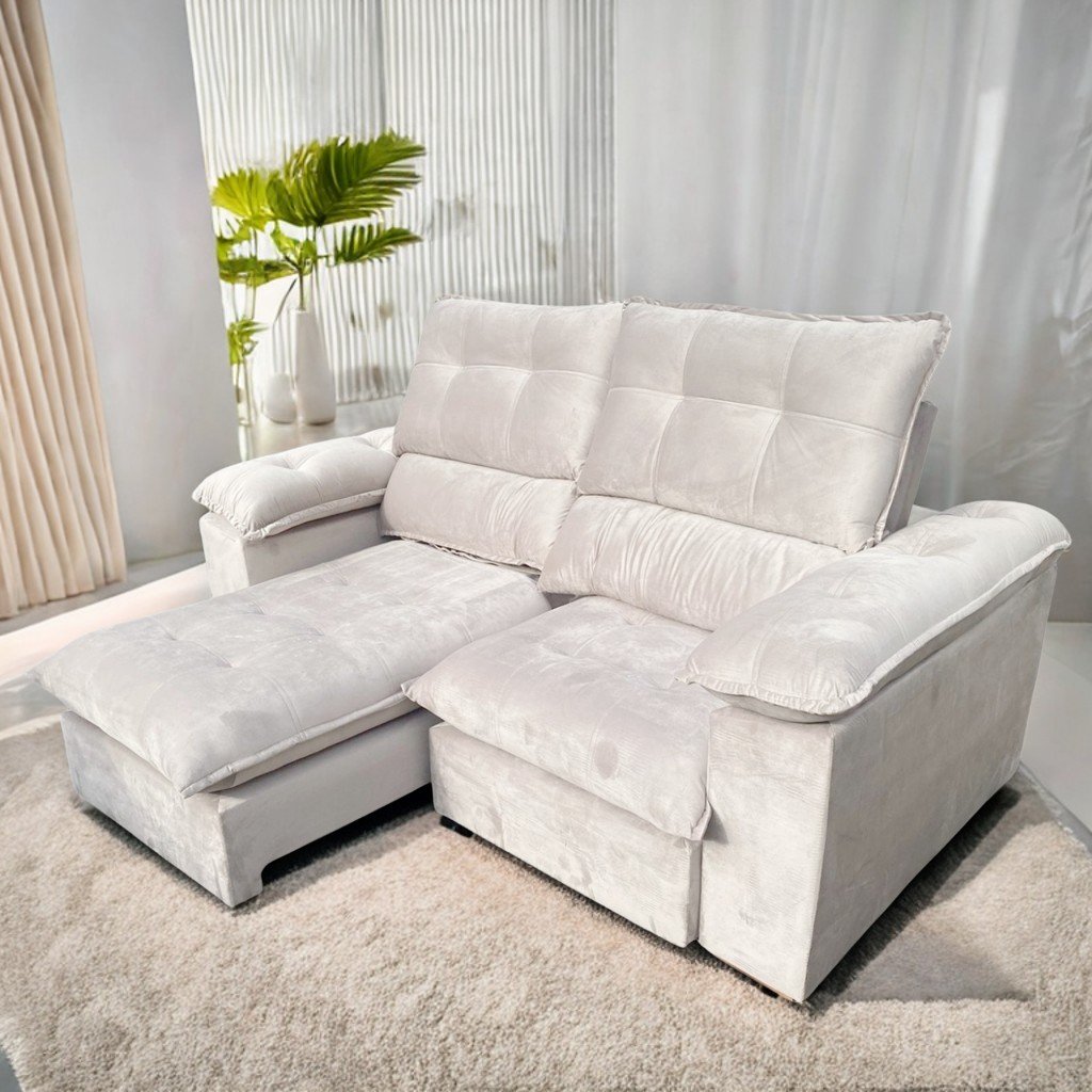 Sofá Retrátil e Reclinável Suíça 2,10 m Veludo Marfim – LEO DECOR (PROMOÇÃO - LEVE AVARIA)