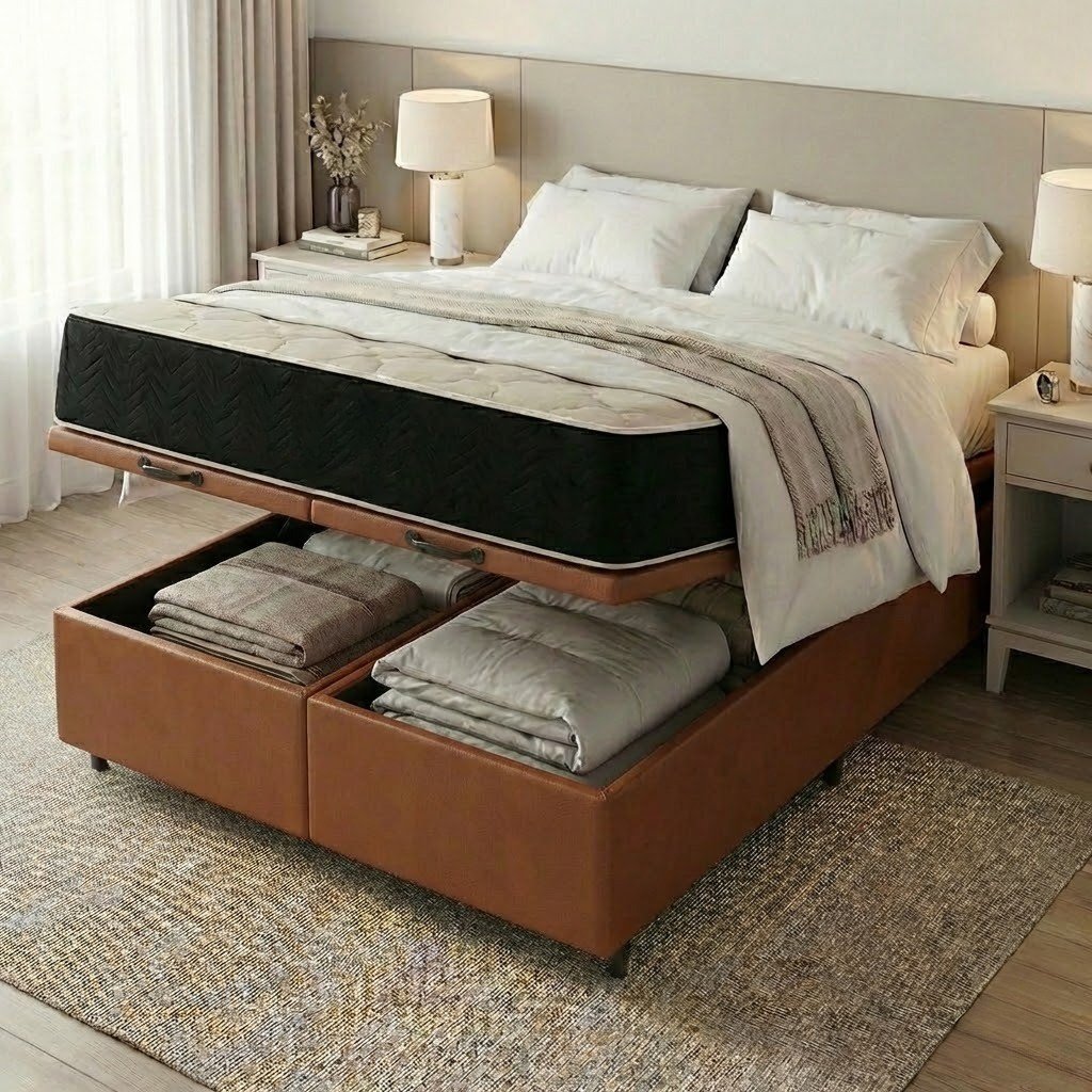 Colchão Queen Premium D45 + Base Box Baú Corino Marrom – ECOTEC + ALTO NÍVEL CAMAS E COLCHÕES