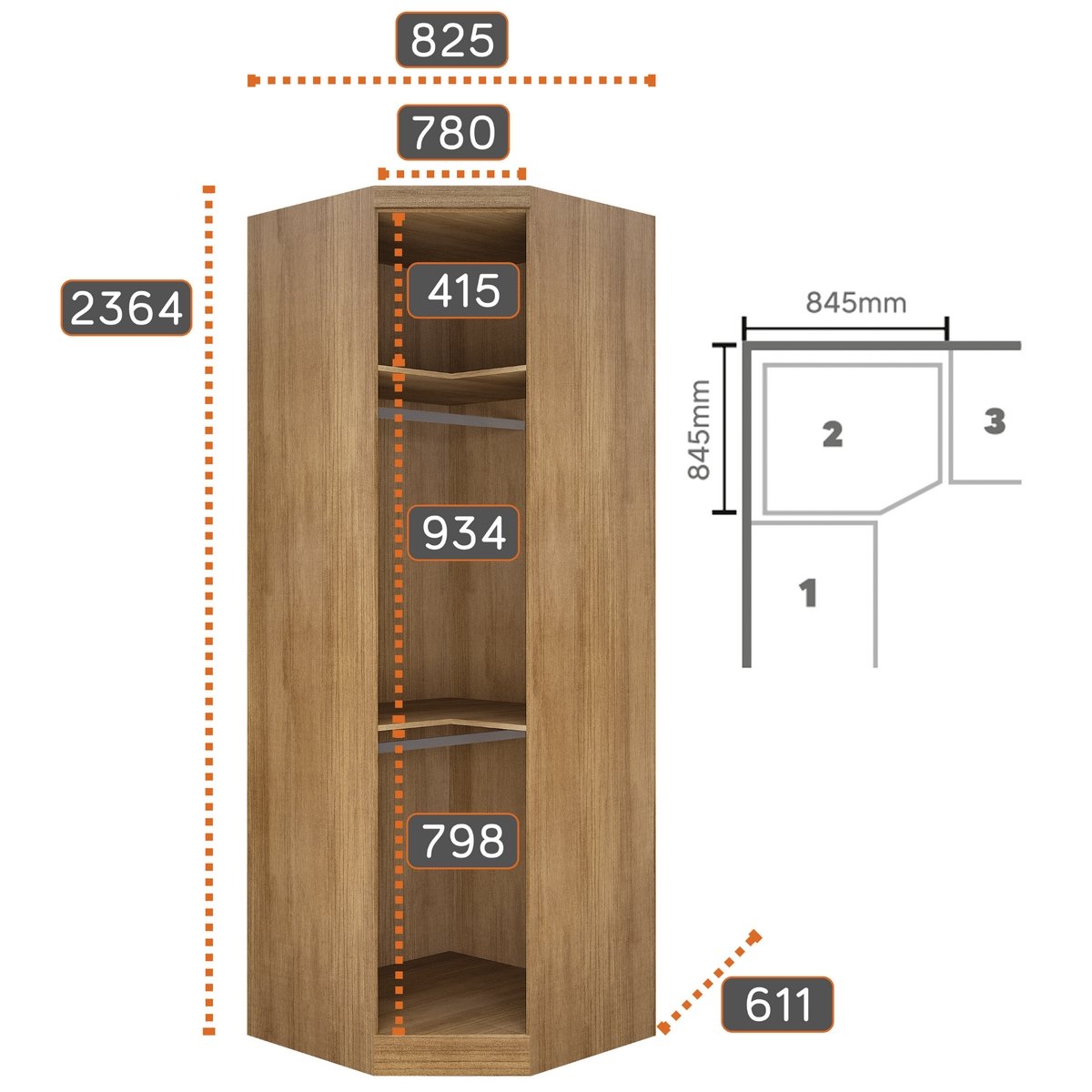 Guarda-Roupa Modulado Rizon 001(Dois Módulos 4 Portas + Um Módulo Canto Oblíquo) Cumarú/Fendi - NOVO HORIZONTE - Imagem 5
