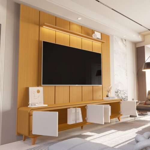 Alternative view of Painel até 75″ Lumi 2,19 m Cedro + Rack Liv 2,18 m Cedro/Off White – EDN MÓVEIS