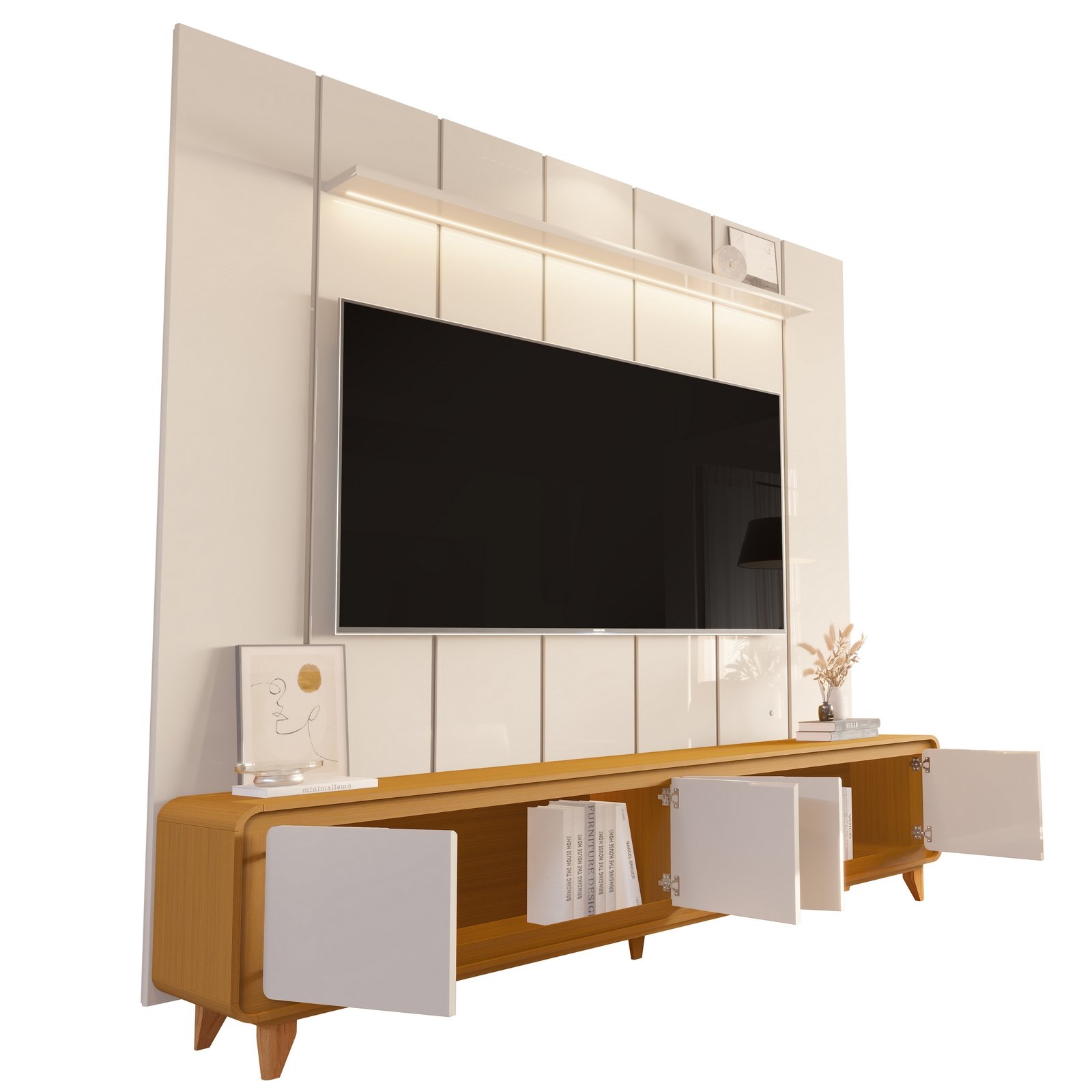 Painel até 75″ Lumi 2,19 m Off White + Rack Liv 2,18 m Cedro/Off White – EDN MÓVEIS - Imagem 5