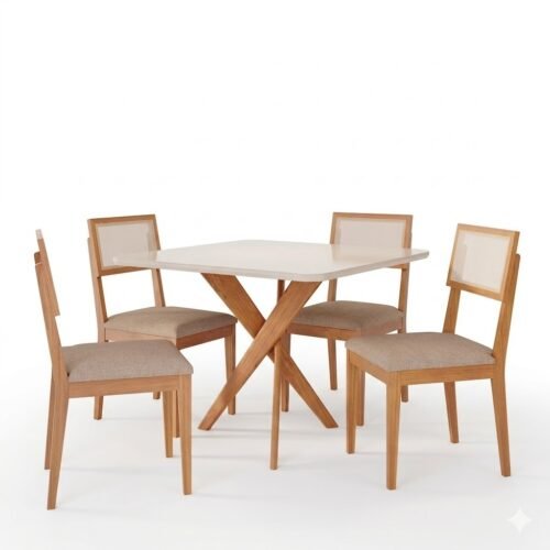 Alternative view of Mesa Cacau 95 (C/Vidro) Madeira/Off White com 4 Cadeiras Encanto Linho Bege – CIMOL