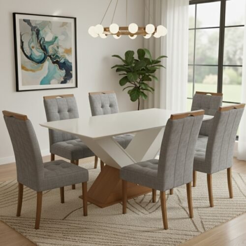 Mesa Amora BA35 160 Canela/Off White com 6 Cadeiras Sophia Linho Cinza Grafite 206 – KAPPESBERG + WM DECOR