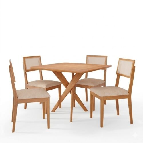 Alternative view of Mesa Cacau 95 (S/Vidro) Madeira/Off White com 4 Cadeiras Encanto Linho Bege – CIMOL