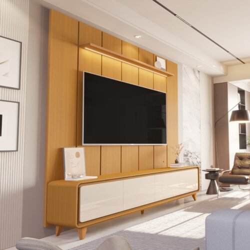 Painel até 75″ Lumi 2,19 m Cedro + Rack Liv 2,18 m Cedro/Off White – EDN MÓVEIS