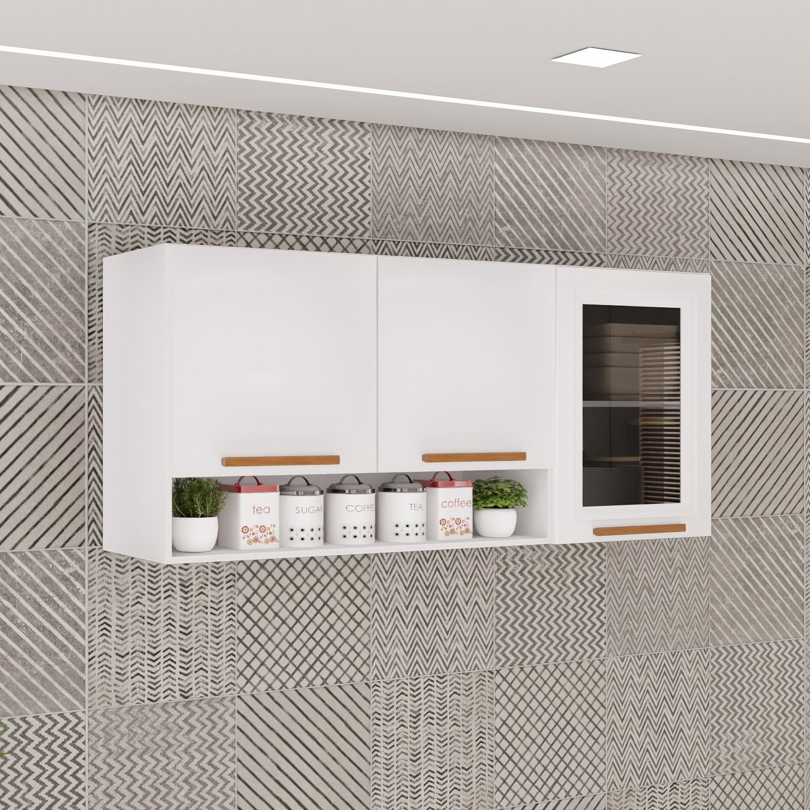 Armário Aéreo 3 portas Vidro Fumê New Valência Branco/Cinamomo - SALLÊTO