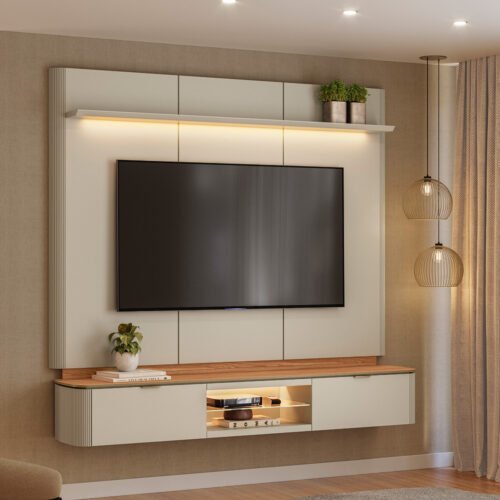 Painel Home até 70" Ferrara Canela/Off White Fosco - LINEA BRASIL
