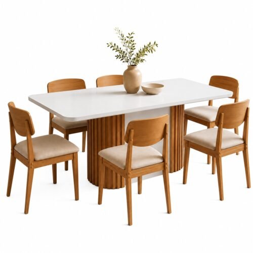 Alternative view of Mesa Pilar 180 Canto Copo (C/Vidro) Off White/Off White/Naturale com 6 Cadeiras Havana Veludo Creme – RUFATO