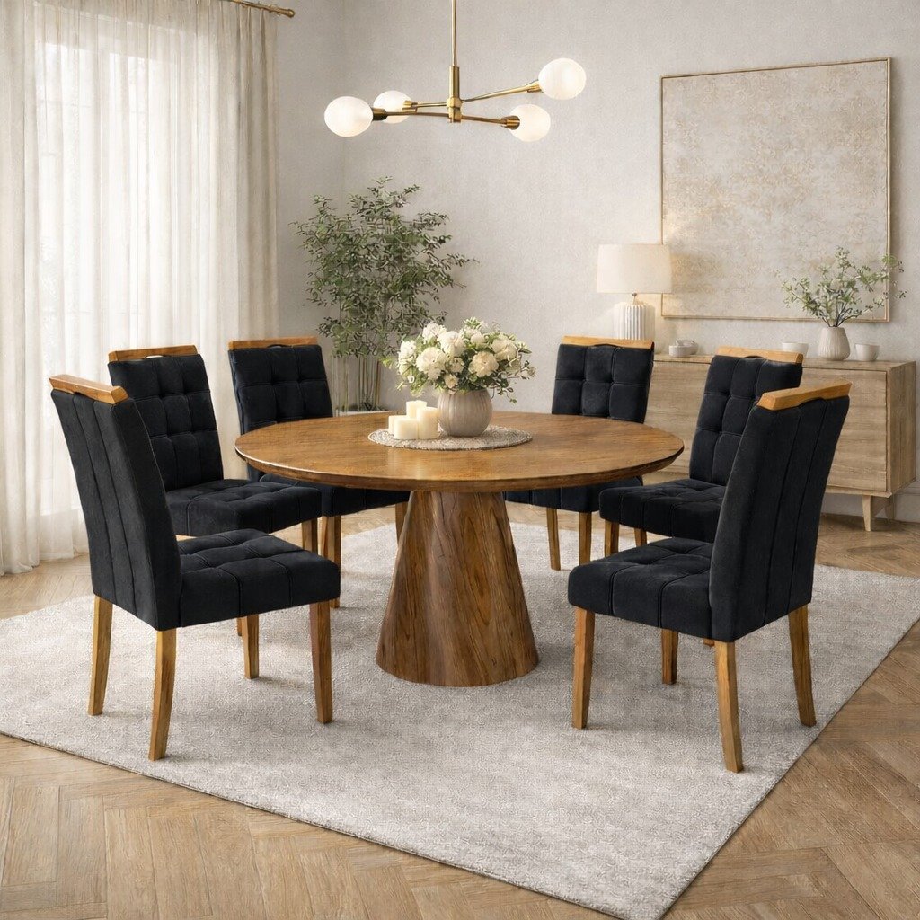 Mesa Redonda Malva 130 Mel com 6 Cadeiras Sophia Veludo Preto – J SILVA MÓVEIS + WM DECOR