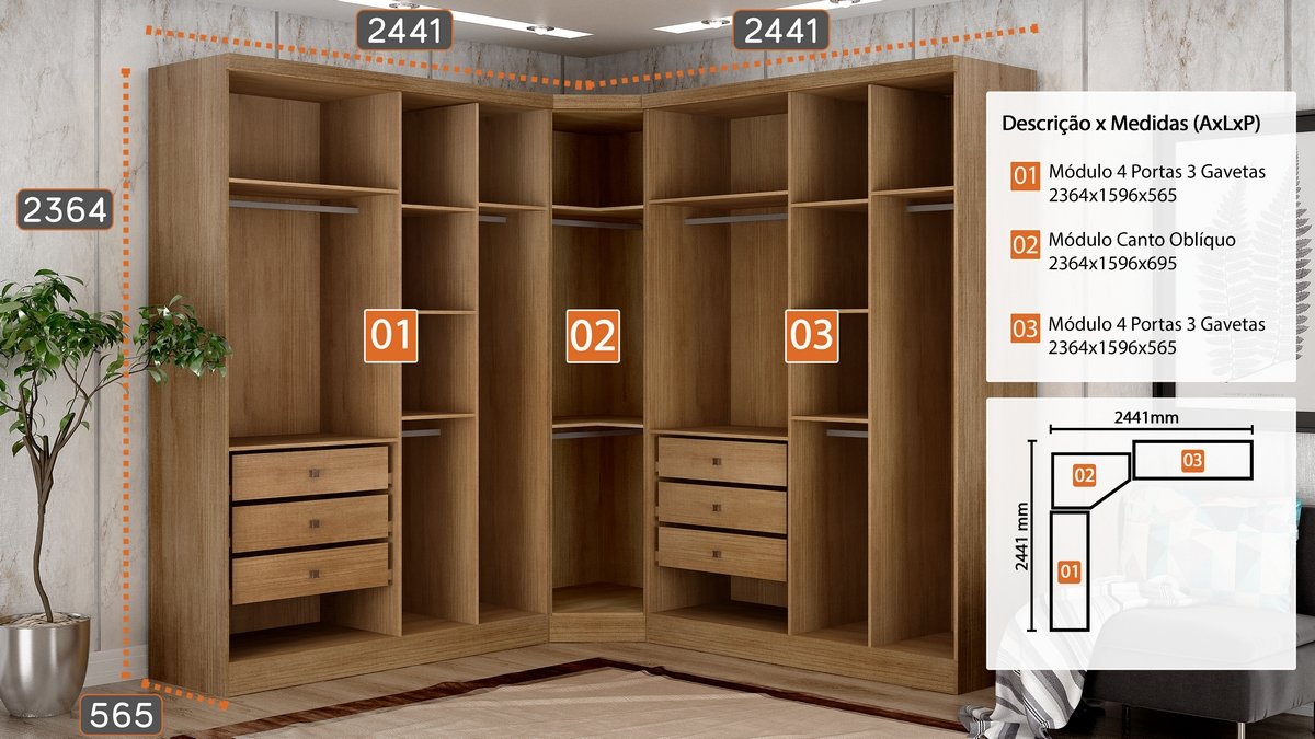 Guarda-Roupa Modulado Rizon 001(Dois Módulos 4 Portas + Um Módulo Canto Oblíquo) Cumarú/Fendi - NOVO HORIZONTE - Imagem 3