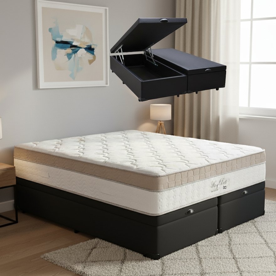 Colchão Queen King Best 28 cm D28 Molas Ensacadas + Base Baú Corino Preto – ANJOS + ALTO NÍVEL