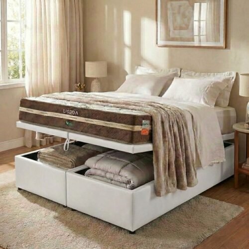 Colchão Queen Lisboa 24 cm D28 Molas Ensacadas + Base Baú Corino Branco – ECOTEC + ALTO NÍVEL