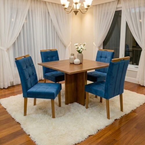 Mesa Salinas 90 (Tampo Dakota s/ vidro) Cinamomo com 4 Cadeiras Sophia Veludo Azul – CEL MÓVEIS + WM DECOR