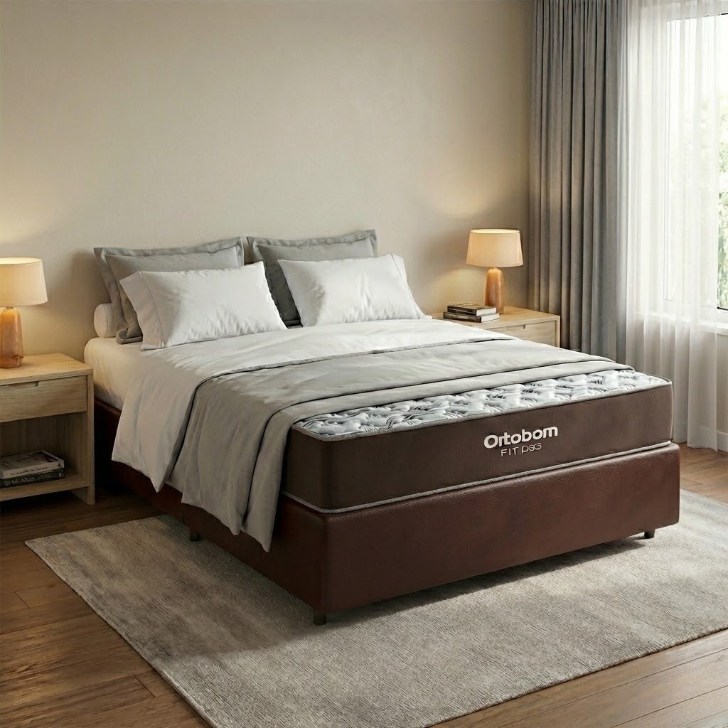 Colchão Casal Fit 17 cm D33 + Base Simples Corino Marrom – ORTOBOM + BIOSTAR