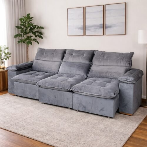 Sofá Retrátil e Reclinável Imperial 2,75 m Veludo Jolie Cinza 08 - IMPERIAL DECOR