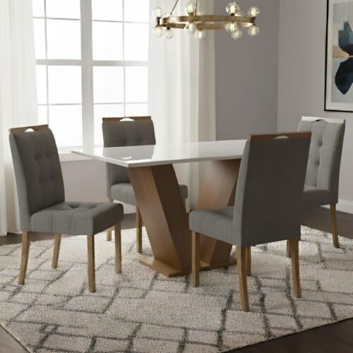 Mesa Classic 120 Cinamomo/Off White com 4 Cadeiras Sophia Linho Cinza Grafite 206 – CEL MÓVEIS + WM DECOR