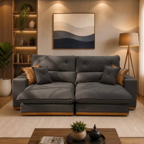 Sofá Retrátil e Reclinável Grambelo/Gran Bello 2,30 m Veludo Cinza 09 – D SALA DECOR ESTOFADOS