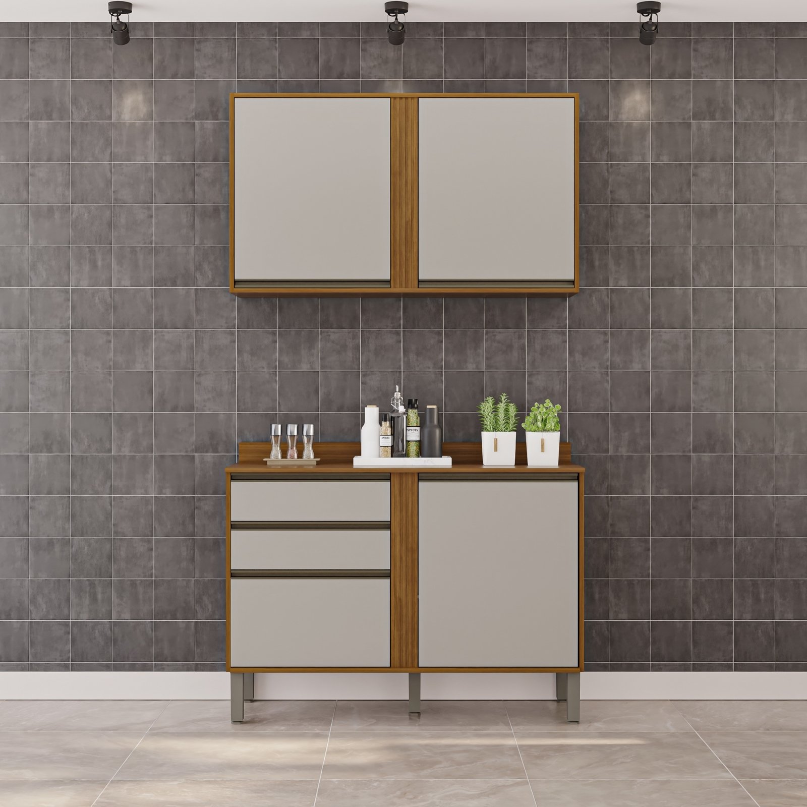 Armário Aéreo 2 Portas + Balcão Pérola 1,20 m Cinamomo/Off White – SALLÊTO