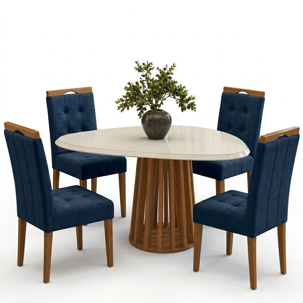 Mesa Lavanda BA45 135 Canela/Off White com 4 Cadeiras Sophia Veludo Azul 107 - KAPPESBERG + WM DECOR - Imagem 2
