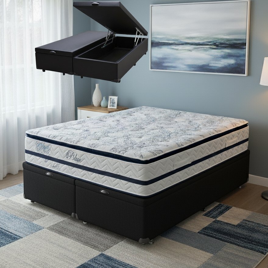 Colchão Queen Blue 32 cm H33 Molas Ensacadas + Base Baú Corino Preto – PAROPAS + BIOSTAR
