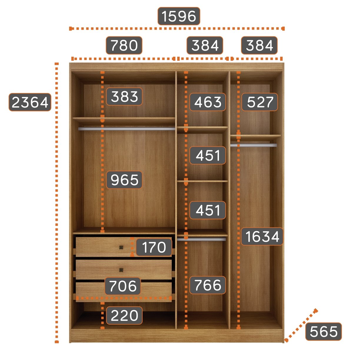 Guarda-Roupa Modulado Rizon 001(Dois Módulos 4 Portas + Um Módulo Canto Oblíquo) Cumarú/Fendi - NOVO HORIZONTE - Imagem 4