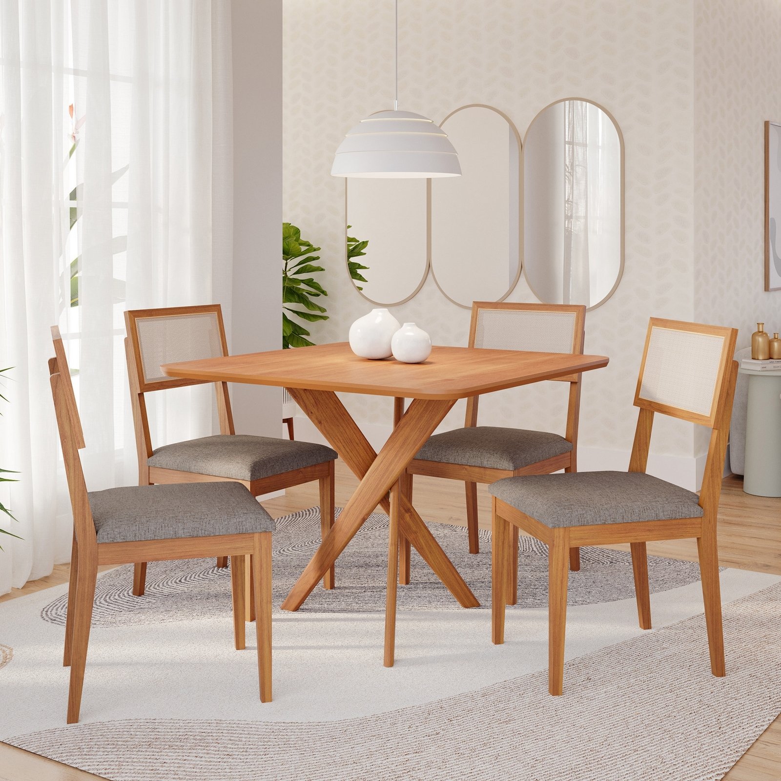 Mesa Cacau 95 (S/Vidro) Madeira/Off White com 4 Cadeiras Encanto Linho Cinza Grafite – CIMOL