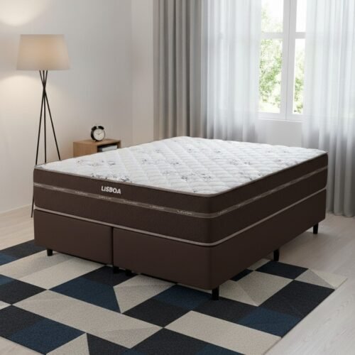 Colchão Queen Lisboa 24 cm D28 Molas Ensacadas + Base Simples Corino Marrom – ECOTEC + BIOSTAR