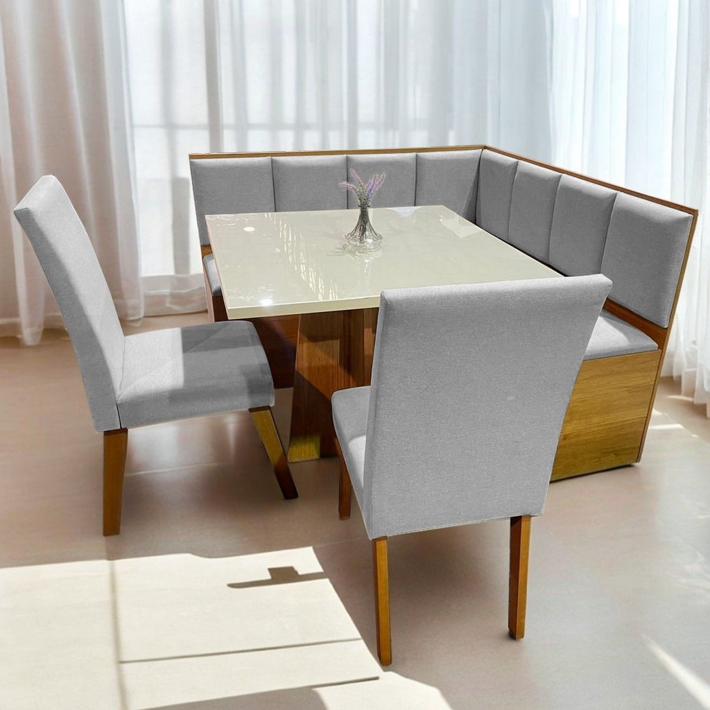 Conjunto Canto Alemão Baú + Mesa Mon/Soberano Mel/Blonde + 2 Cadeiras Milão Mel/Linho Inox - VIERO MÓVEIS