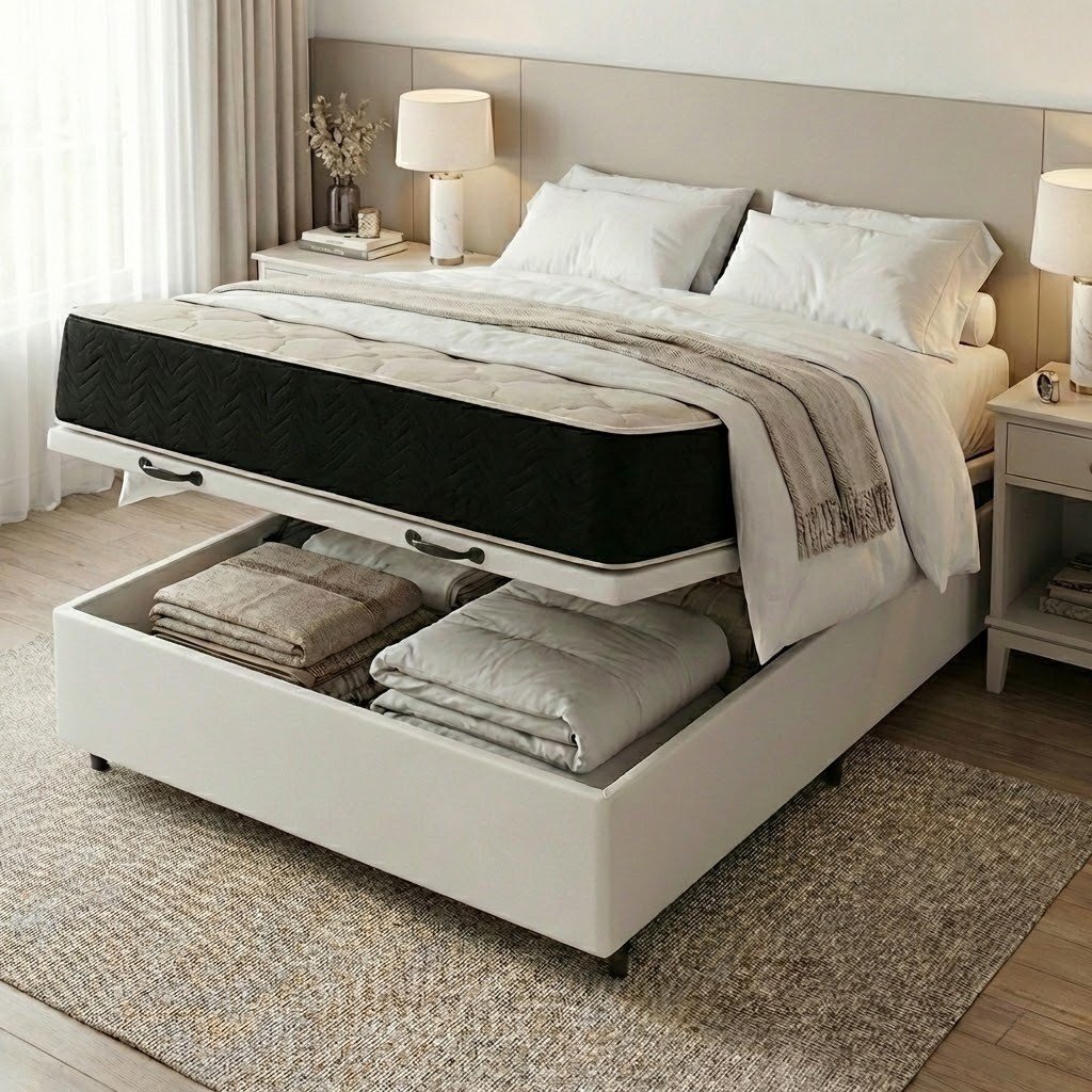 Colchão Casal Premium VX 32 cm D45 + Base Baú Corino Branco – ECOTEC + ALTO NÍVEL
