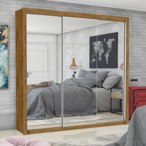 Guarda-Roupa 3 Portas Veneza/Clara/Berlim Premium (3 portas espelhadas) 1,855 m Cinamomo/Branco - CARIOCA MÓVEIS