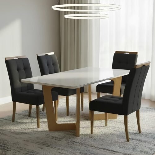 Mesa Dubai 120 (Tampo Londres) Cinamomo/Off White com 4 Cadeiras Sophia Veludo Preto – CEL MÓVEIS + WM DECOR