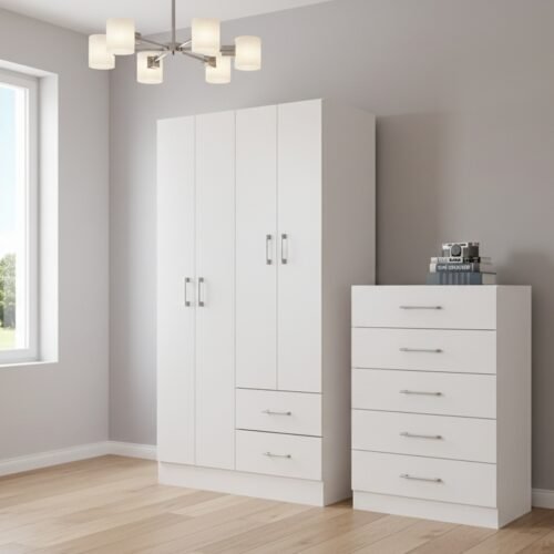 Guarda-Roupa 4 Portas Panamá 4002 + Cômoda 5 Gavetas Aruba Branco – FELLICCI