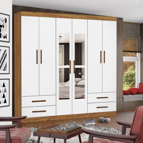 Guarda-Roupa 6 Portas Hércules(Com espelho) 1,77 m Cinamomo/Branco – CARIOCA MÓVEIS