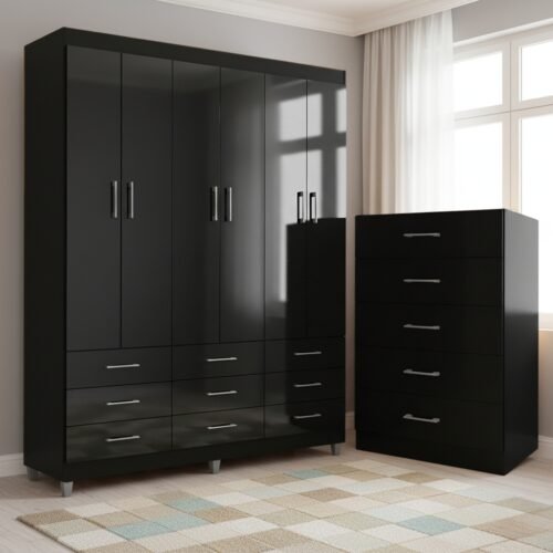 Guarda-Roupa 6 Portas Paraty 3690 + Cômoda 5 Gavetas Aruba Preto - FELLICCI