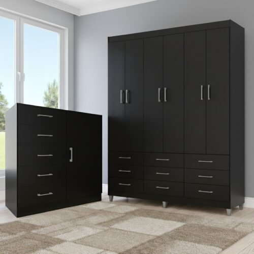 Guarda-Roupa 6 Portas Paraty 3690 + Cômoda 5 Gavetas Sapateira Miami Preto - FELLICCI