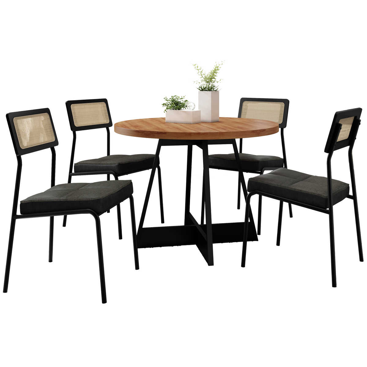 Mesa Átria 1594 Redonda 100 Preto/Nogal com 4 Cadeiras Lux 1741 Preto/Linho Grafite/Corino Preto – CARRARO MÓVEIS - Imagem 2