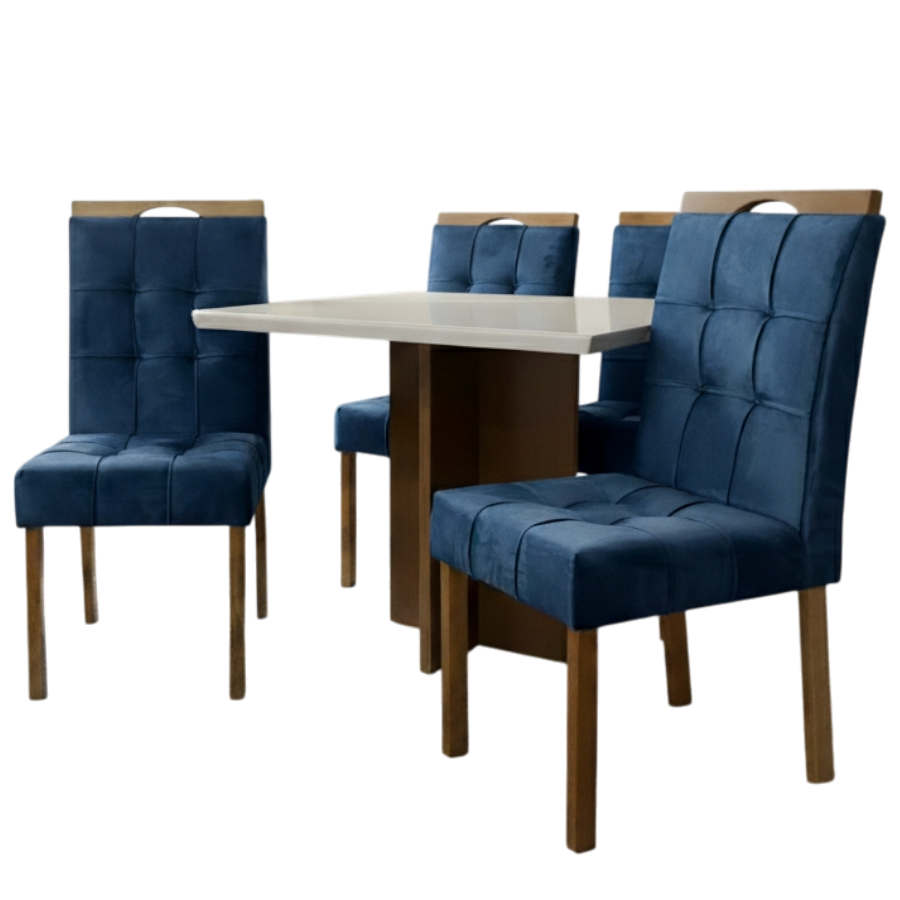 Mesa Salinas 90 (Tampo Dakota c/ vidro) Cinamomo/Off White com 4 Cadeiras Sophia Veludo Azul – CEL MÓVEIS + WM DECOR - Imagem 4