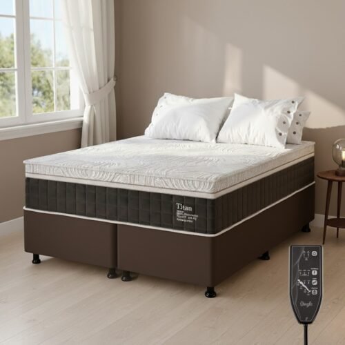 Colchão Queen Massageador Titan/Thor 34 cm D28 Molas Ensacadas + Base Box Simples Corino Marrom – VIERO + BIOSTAR