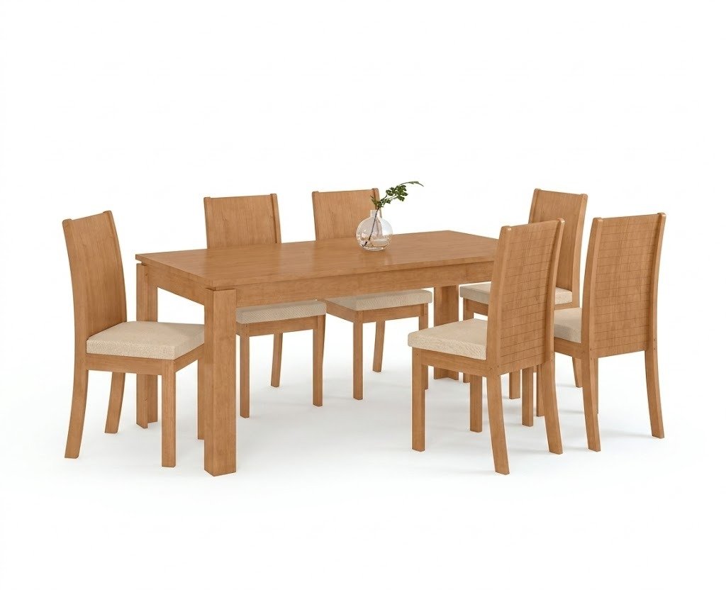 Mesa Athenas 180 Amêndoa Clean com 6 Cadeiras Athenas Linho Bege – LOPAS - Imagem 2