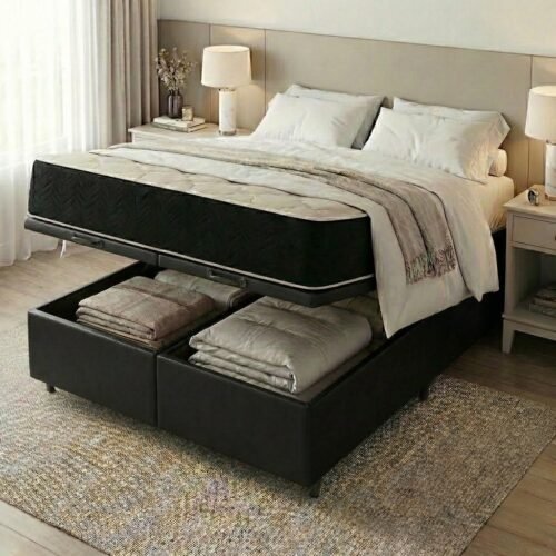 Colchão Queen Premium D45 + Base Box Baú Corino Preto – ECOTEC + ALTO NÍVEL CAMAS E COLCHÕES