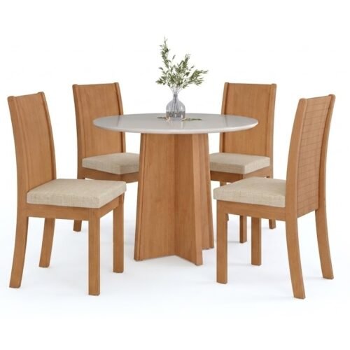 Alternative view of Mesa Redonda Celebrare 100 Amêndoa Clean/Off White com 4 Cadeiras Athenas Linho Bege – LOPAS
