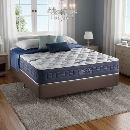 Colchão Casal Blue Sea 31 cm D28 Molas Ensacadas + Base Simples Corino Marrom – ANJOS + BIOSTAR