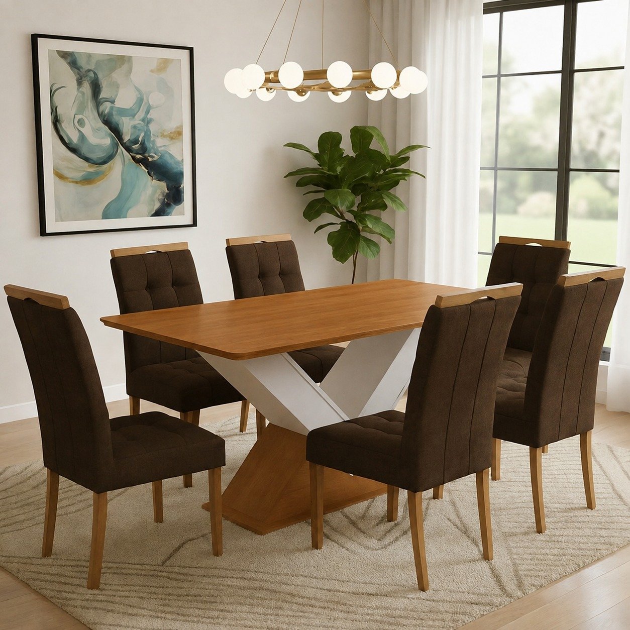 Mesa Amora BA35 160 (S/Vidro) Canela/Off White com 6 Cadeiras Sophia Veludo Marrom – KAPPESBERG + WM DECOR