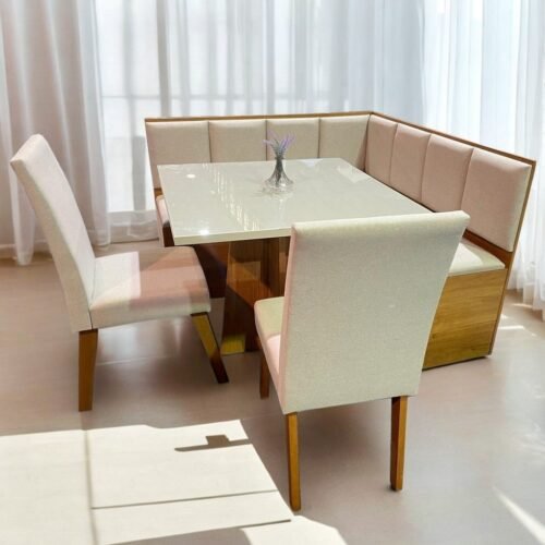Conjunto Canto Alemão Baú + Mesa Mon/Soberano Mel/Blonde + 2 Cadeiras Milão Mel/Linho Bronze - VIERO MOVEIS