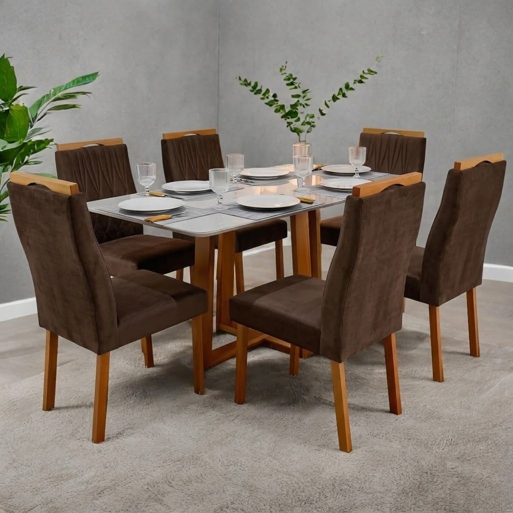 Mesa Pedro 160 Mel/Off White com 6 Cadeiras Gênova Veludo Marrom – ART ASSENTOS
