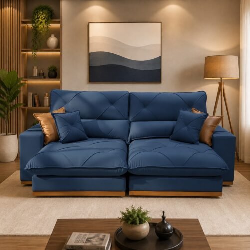 Sofá Retrátil e Reclinável Grambelo/Gran Bello 2,00 m Veludo Azul 07 – D SALA DECOR ESTOFADOS
