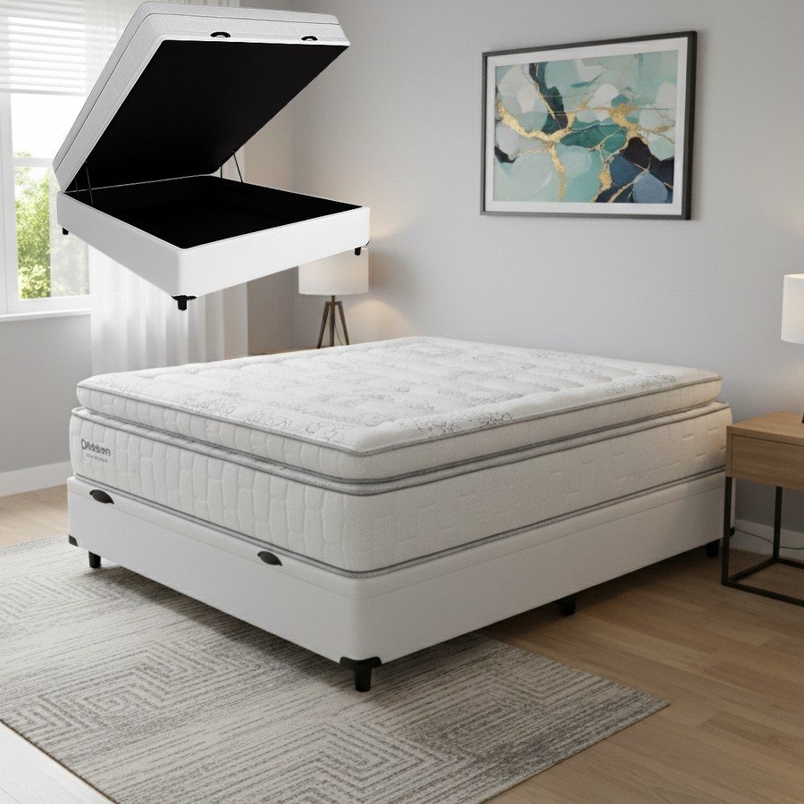 Colchão Casal New Freedom 32 cm D33 Molas Ensacadas + Base Baú Corino Branco – ORTOBOM + ALTO NÍVEL