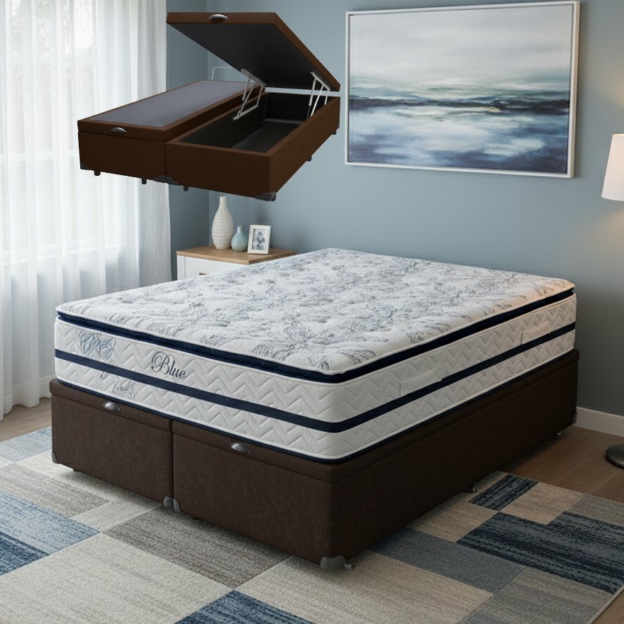 Colchão Queen Blue 32 cm H33 Molas Ensacadas + Base Baú Corino Marrom – PAROPAS + BIOSTAR