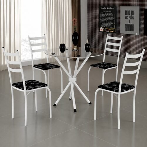 Mesa 4 Cadeiras Marabá (Tampo Vidro Redondo) Branco/Preto Lírio - TEIXEIRA
